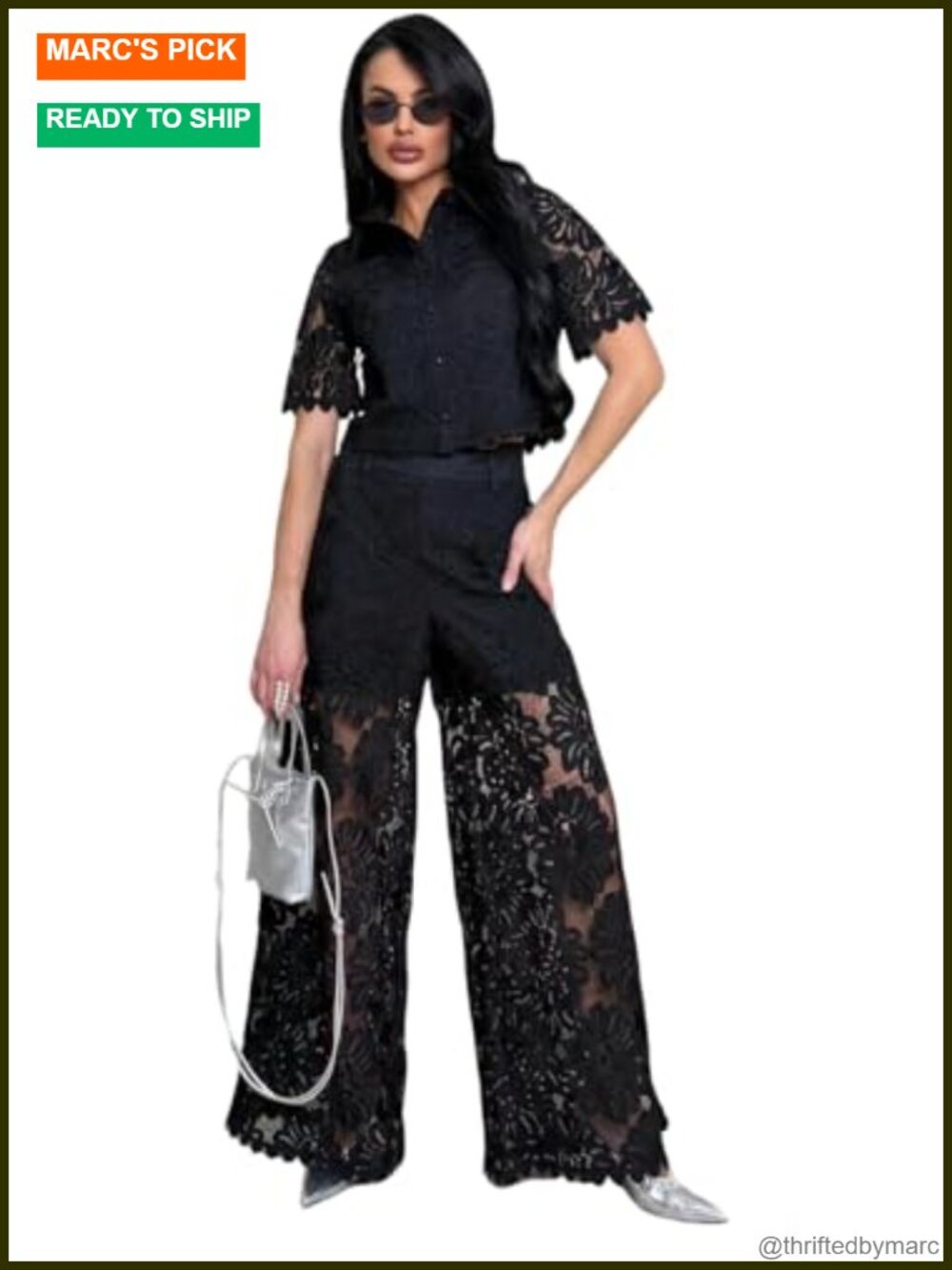 Women's Dressy 2 Piece Set Embroidered Lace Crop Top & Pants Outfit